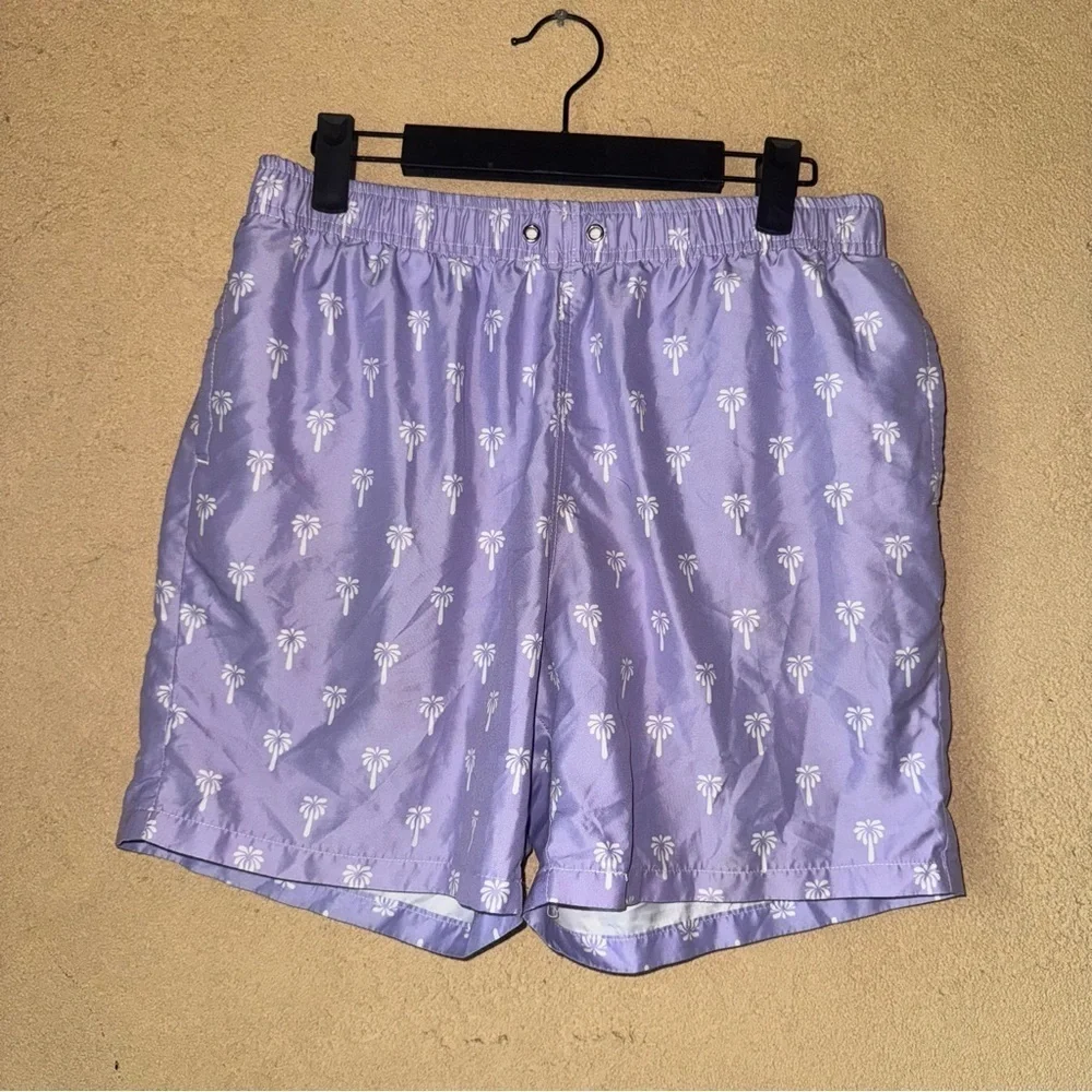 SHEIN Purple and White swim Shorts with palm trees